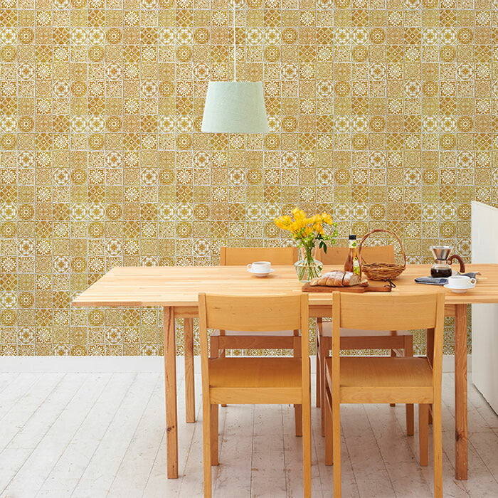 壁紙 シール のり付き ハガセルーノ 65cm×90cm イエローランダムタイル 補修 クロス はがせる壁紙 リメイクシート 張り替え DIY おしゃれ 粘着シート HR-032 アサヒペン