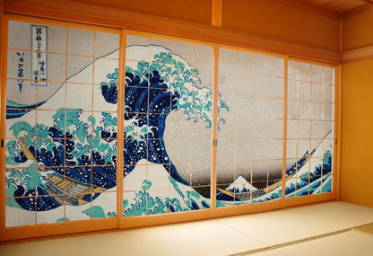 Shoji paper, Japanese masterpiece, Ukiyo-e, Katsushika Hokusai, Thirty-six Views of Mount Fuji, The Great Wave off Kanagawa, TFT_013S, set of 4, glue-type, width 91cm x length 182cm, Asahipen