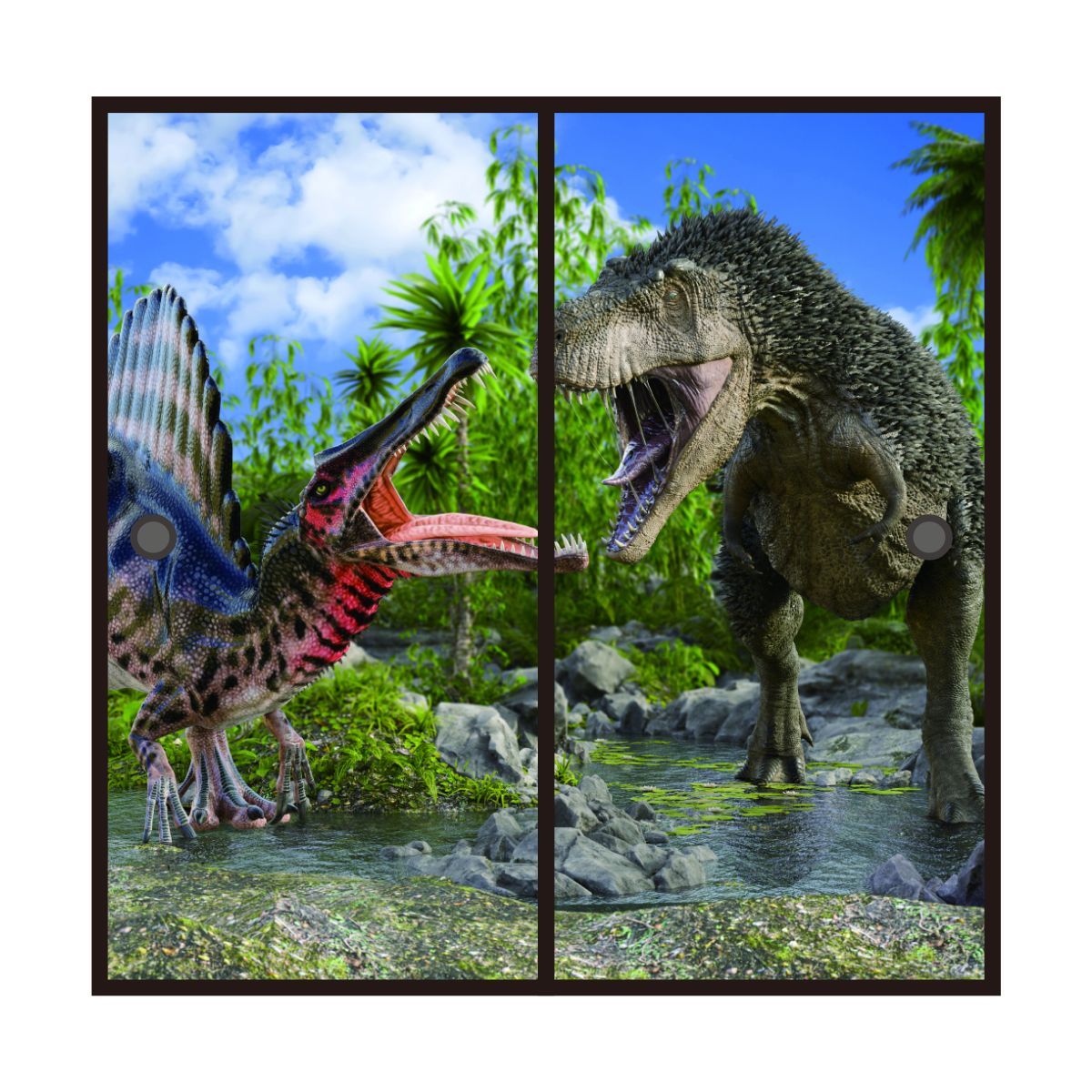 恐竜王国シリーズ T-REXとスピノザウルス ふすま紙 92cm×184cm 2枚入り JP-014F 水貼りタイプ アサヒペン 恐竜 古代 迫力 柄 和室 洋室 洋風 モダン インテリア